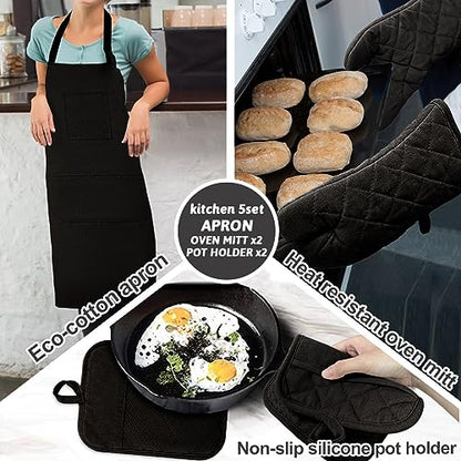 Oven Mitts and Pot Holders with Cooking Apron Set of 5, Heat Resistant Kitchen Gloves and Silicone Non-Slip Potholders, Adjustable Neck Buckle Chef Apron, Cotton Nice Design for Cooking (Black)… - color: Black