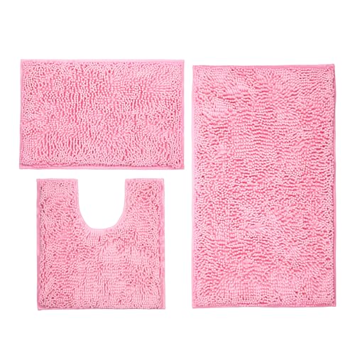 LanYunUmi Pink 3 Pieces Bathroom Rugs, Ultra Soft Non Slip Absorbent Chenille Toilet Bath Mat Set Rugs for Slip-Resistant Shag Extra and Rug Shower Room Machine (Pink, 20"x32"+17"x24"+20"x20"U) - color: Pink, size: 20"x32"+17"x24"+20"x20"U