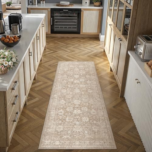 2x6 Beige Retro Distressed Washable Runner Rug for Hallway | Low Pile, Non Slip, Vintage Distressed, Soft Hallway Runner Rug for Kitchen, Entryway, Laundry Room, Home Decor - color: A| Beige, size: 2' x 6' (Runner)
