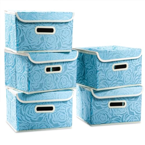 Collapsible Storage Boxes with Lids [5-Pack] Fabric Decorative Storage Bins Cubes Organizer Containers Baskets with Cover Handles Divider for Bedroom Closet Living Room Blue 9.8x7.9x6.7 Inch - color: Blue, size: Small(5-Pack)
