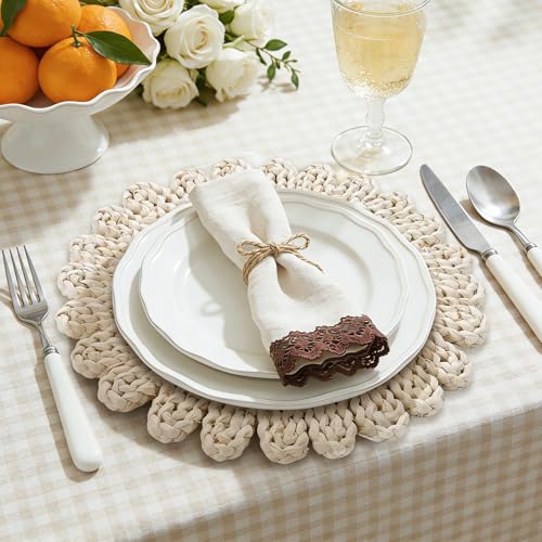 13" Round Placemats Set of 8, Corn Husk Woven Placemat, Rustic White Place Mats for Dining Table Decor, Boho Rattan Wicker Plate Chargers for Wedding Dinner Party