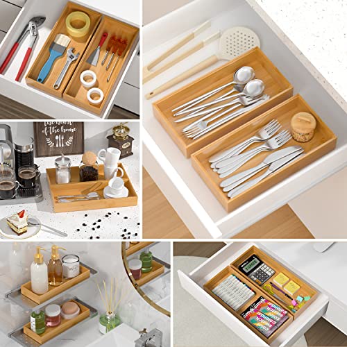 VeyFey Bamboo Drawer Organizer, Stackable Utensil Organizer for Kitchen, Bamboo Storage Box Wood Silverware Tray for Drawer 15" x 6" x 2" Set of 2 - size: 15" x 6" x 2"