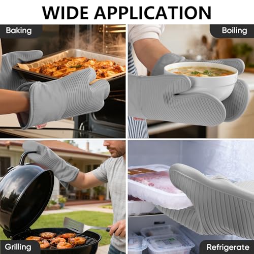 YUTAT Silicone Oven Mitts,High Heat Resistant Up to 500 Degrees,Waterproof Cooking Gloves with Soft Polyester Filling,Kitchen Potholder Set - Perfect for BBQ,Baking and Cooking,Grey,2 Pcs Set - color: Gray-striped Surface, size: 13“L x 7"W-2 Piece