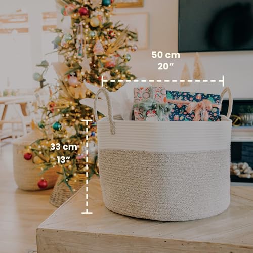 OrganiHaus Round Toy Basket & Blanket Basket, Cotton Rope 20x13" | Brown / Off-White - Round Cotton Rope Basket, 20x13" - color: Brown / Off-White, size: Wide