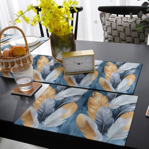 Table Runner and Placemats Set of 6 Gold White Feathers Decorative Dining Table Runner with Matching Placemats Blue Painting Table Decor for Kitchen Dining Room and Everyday Use 13x90in - size: 13"x90"+6pcs