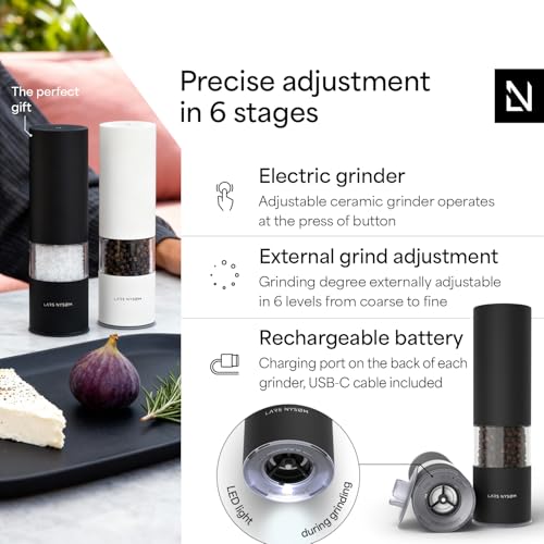 LARS NYSØM Electric Salt and Pepper Grinder Set I Automatic Salt and Pepper Mills with Adjustable Ceramic Grinder I USB Rechargeable Electric Spice Mill Set with LED Light (Carbon Black) - color: Carbon Black, size: Set of two electric mills