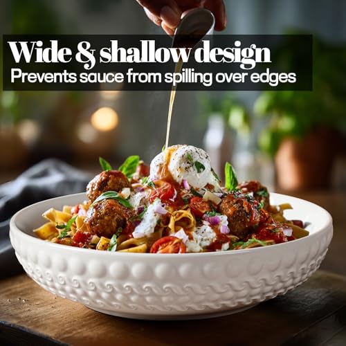 Pasta Bowls 32oz, Ceramic Large Salad Bowls 8 inch, White Embossed Soup Bowl Set of 4 for Entertaining, Serving, Dinner, Wide Shallow Microwave Dishwasher Oven Safe (Dot) - color: Dot