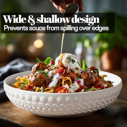 Pasta Bowls 32oz, Ceramic Large Salad Bowls 8 inch, White Embossed Soup Bowl Set of 4 for Entertaining, Serving, Dinner, Wide Shallow Microwave Dishwasher Oven Safe (Dot) - color: Dot