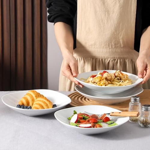 fMBB Ceramic Large Soup Bowls, 8.6 Inches, Modern 4-Piece Deep Salad Plates Set, Porcelain Square Plates, for Fruit, Cereal, Dessert, Snack - White - color: Square8.6"