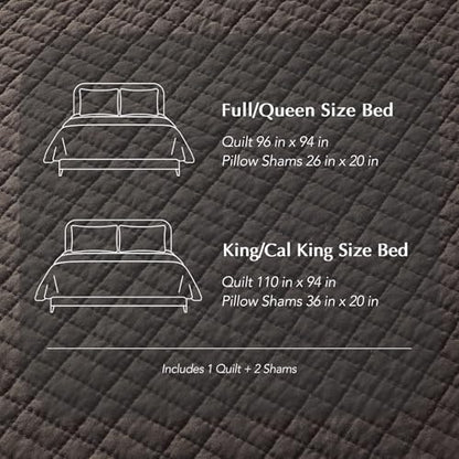 100% Cotton Modern Grid Stitch Quilt Set, Queen Size, Dark Brown | Pre-Washed Cotton Coverlet Bedspread, Oversized Lightweight 3-Piece Bedding Set for All Season, with 2 Pillow Shams - color: Dark Brown, size: Full/Queen (96" X 94")