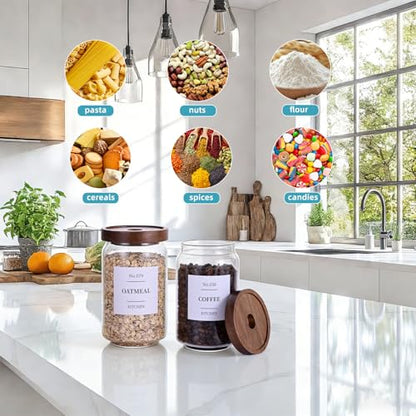 Tzerotone Glass Pantry Storage Jars with Acacia Airtight Lid, 25oz Clear Kitchen Canisters with Wood Lid, 6 Set with 132 Labels for Tea, Sugar, Spice, Herbs - color: 25OZ-6PCS
