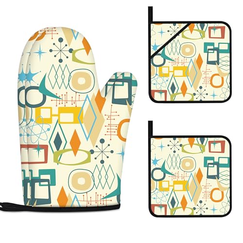 Mid Century Modern Oven Mitts and Pot Holders Sets Washable Oven Gloves Heat Resistant 4 Pcs Decorative Kitchen Hot Pads and Mitts for Baking Cooking Grilling - color: Orange