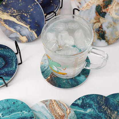 Blue Marble Ceramic Coasters with Holder Absorbent Drink Coaster Set Outdoor Round Abstract Cute Table Decorative Coffee Cup Beverage Fun Wine Beer Bar Gold Housewarming 6 Pack - style: blue gold
