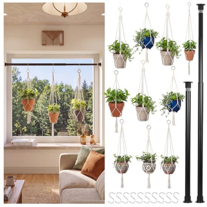 22 Pcs Window Hanging Plant Holder Set Boho Hoom Decor, No Drilling | 10 Adjustable Macrame Plant Hangers 3 Sizes(23.6"/31"/37"), 2 Expandable Spring Tension Rods 27.5''-47'' and 10 S Hooks