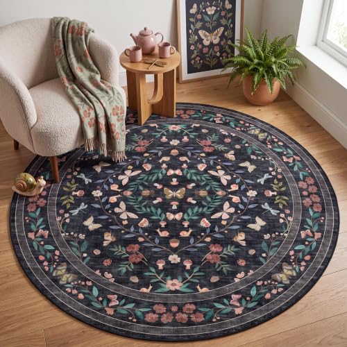 GarveeHome Washable 4ft Round Rug for Living Room Bedroom Vintage Bug Rug | Non Slip Low Pile Floral Carpet for Dining Room Girls Dorm Nursery Playroom Botanical Stain Resistant Butterfly Rugs, Black - color: Black, size: 4'x4' (Round)