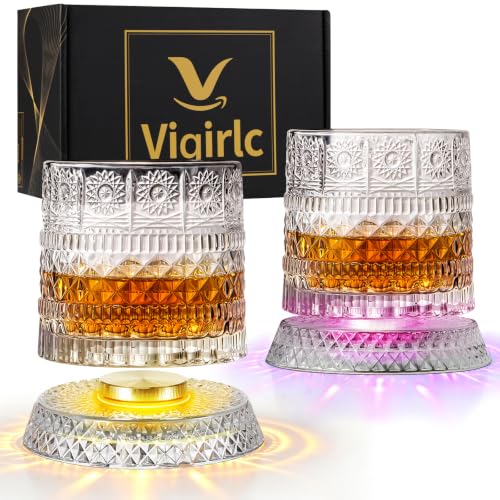 Spinning Whiskey Glass with Ambient Lighting Set, 360 Degree Rotating Crystal Tumbler with Vintage Ribbed Patterns & 4 Color Lighting, Cool Drinking & Bar Accessories (Flower Diamond) - color: Flower Diamond