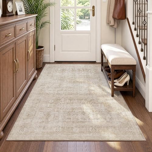 Beauoop 3x4 Washable Beige Neutral Vintage Distressed Area Rug for EntryWay | Cream Retro Non Slip Low Pile Soft Thin Traditional Indoor Small Carpet Throw Rugs Entry Entrance Kitchen Bedroom Office Dorm - color: Beige, size: 3' x 4' (Rectangular)