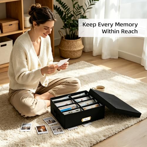 Collapsible Photo Storage Box, Adjustable Dividers - Black, 35cm | Holds 1700 Photos, Hook & Loop Dividers, Handle, Label Stickers - color: Black, size: 13.78"x11"x 5.12"