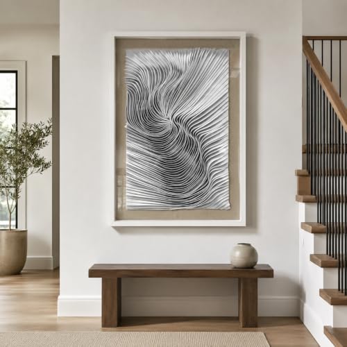 BrightA Modern Fluid Felt Wave Art Panel, Abstract Sliced Acoustic Wall Decor, Framed Sustainable Fiber Sculpture, Contemporary Office Artwork 27.5"x39.4" - color: White + Cream + Light gray + White, size: 27.5"x39.4"