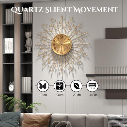 Large Modern Gold Wall Clock Decorative Mid Century Sunburst Branch Wall Clocks, Minimalism Metal Big Silent Clock, Luxury Home Gift Decor for Living Room, Bedroom, Dining Room, 28 inch - size: 6.Gold-Branch(Dismountable-70cm)