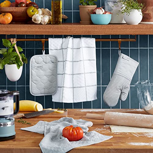 KITCHENAID Quilted Cotton Terry Cloth Oven Mitt, Pot Holder, Kitchen Towel 4-Pack Set, Heat Resistant, Silicone Grip, 16"x26", 7"x13" & 7"x10", Matte Grey - color: Matte Grey