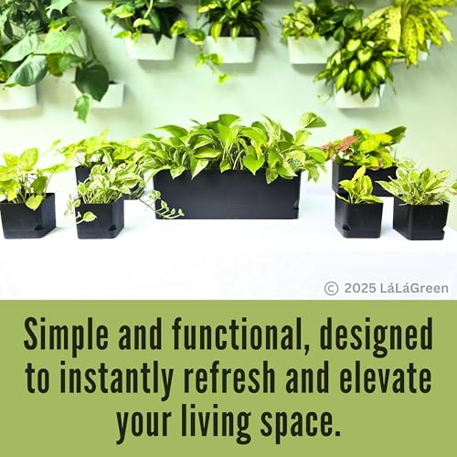 LaLaGreen Planters for Indoor Plants (7 Pack) Rectangular Flower Boxes | Self-Watering System Black Window Box Planter, Plastic Herb Garden Long Windowsill Plant with Drainage Modern Stylish Outdoor - color: Black
