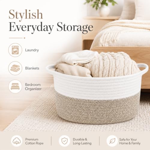 Woven Storage Baskets for Organizing - 1 Piece Cotton Rope & Handwoven Cattail Decorative Bins with Reinforced Handles, Nesting Nursery Basket Set for Closet, Shelf, Toys, and Towels