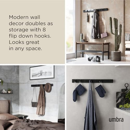 Umbra Flip Coat Rack, Wall Mount 8-Hook, Space Saving, Black | Real wood and steel build, retractable hooks fold flat, holds coats bags and scarves, easy install - color: Black/Black, size: 8-Hook