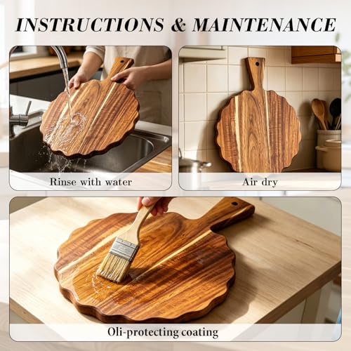 2Pcs Acacia Wood Scalloped Cutting Board with Handle Wooden Chopping Board Decorative Cutting Boards for Kitchen Decor Charcuterie Boards Serving Tray for Cheese Bread Pizza Fruit Meat