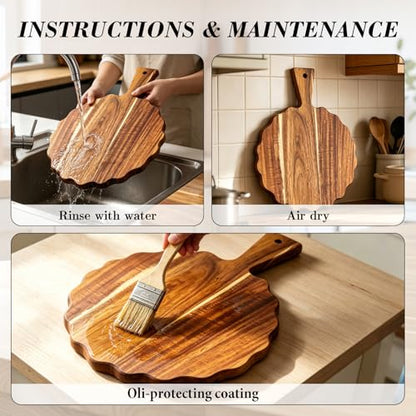 2Pcs Acacia Wood Scalloped Cutting Board with Handle Wooden Chopping Board Decorative Cutting Boards for Kitchen Decor Charcuterie Boards Serving Tray for Cheese Bread Pizza Fruit Meat
