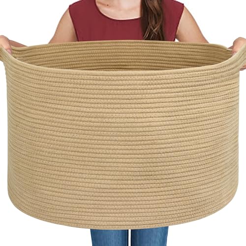 Extra Large Storage Basket, 22" X 22" X 14" Stuffed Animal Basket for Living Room Kids Room, Soft Cotton Rope Bin With Handle, Throw Blanket Storage, Stuffed Animal Toy Organizer Box - color: Jute, size: 22"x22"x14"