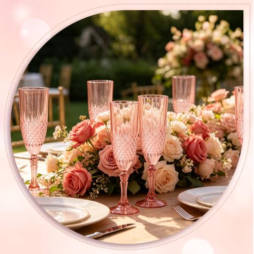 12 Pack Plastic Champagne Flutes, Rose Gold Reusable Champagne Glass | Unbreakable Hard Plastic Mimosa Cups Bulk with Stem, Fancy Stemware for Wedding, Party & NYE Celebration - color: Rose Gold