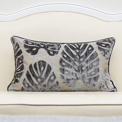 Alerfa 12 x 20 Inch Rectangle Leaf Pillow Embroidery Cut Velvet Cushion Case Luxury Modern Lumbar Throw Pillow Cover Decorative Pillow for Couch Sofa Living Room Bedroom Car, Gray Silver - color: Gray, size: 20" x 12" (Pack of 1)