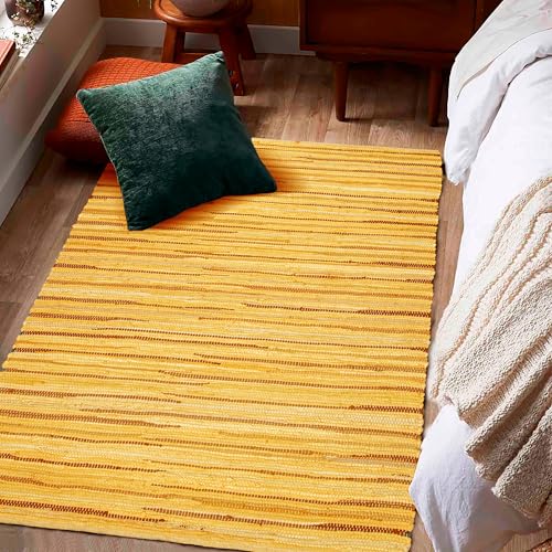 Chindi Area Rug 3x5 Feet - Mustard | Cotton Woven Rugs for Bedroom, Easy Clean Boho Throw Carpet - color: Mustard, size: 3 x 5 feet