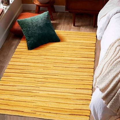 Chindi Area Rug 3x5 Feet - Mustard | Cotton Woven Rugs for Bedroom, Easy Clean Boho Throw Carpet - color: Mustard, size: 3 x 5 feet