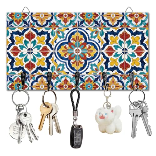 Mediterranean Tile Key Holder Key Hooks Organizer Hanger Rack Wall Mounted Wooden Key Rack with 5 Key Hooks for Home Entryway Front Door Kitchen Hallway Bedroom Wall Decorative Key Storage - color: Mediterranean tile