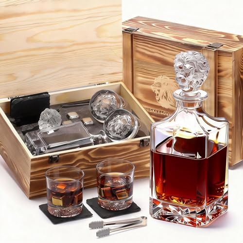 Lion Head 14-Piece Crystal Whiskey Decanter Set - 750ml Lead-Free Hand-Blown, 2 Glasses, 6 Stainless Stones, Coasters & Pine Gift Box - Engraving Ready for Him, Birthday Anniversary
