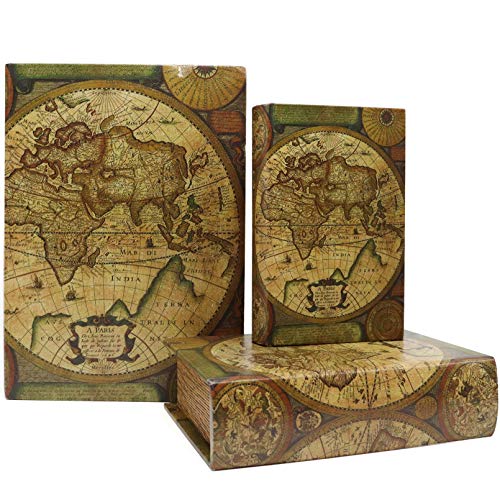 Jolitac Decorative Book Boxes World Map Pattern Antique Book Invisible box with Magnetic cover, Faux Wood Set of 3 Storage Set (Map) - color: Map