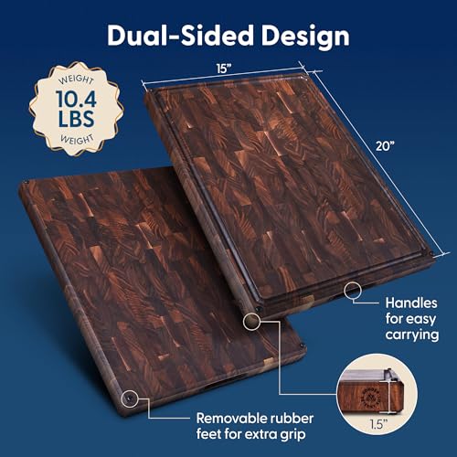 Sonder Los Angeles Welton Cutting Board, End Grain Walnut, 20x15x1.5 in | Made in USA, Non-toxic, Non-Slip Feet, Juice Groove, Built-in Handles, Reversible, Gift Box Included, Large 10.4 lbs - color: Welton | Black Walnut | End Grain