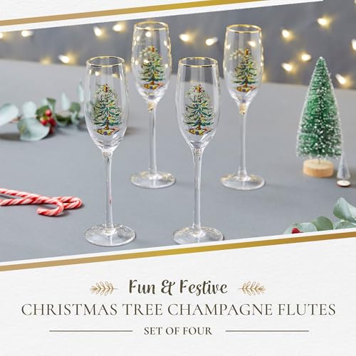 Spode Christmas Tree Gold 8.5oz Champagne Flutes (Set of 4) - Gold Rimmed Glasses, Festive Holiday Drinkware for Christmas Dinner, Wedding Gifts - Classic Holiday Glassware for Wine & Minosas - style: Champagne Flutes