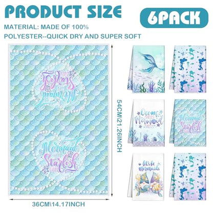 Redbaker 6 Pcs Mermaid Kitchen Towels, Ocean Blue Dish Towels Decor | Sea Themed Dish Cloths, Cute Kitchen Decor for Housewarming Birthday Party, Decorative Drying Set, Decorative Summer Gift - style: Mermaid