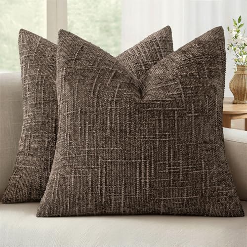 MIULEE Chenille Textured Fall Throw Pillow Covers Brown 18x18 Set of 2 | Slubby Decorative Pillows, Boho Farmhouse Rustic Home Decor, Modern Neutral Cushion Covers for Couch Sofa Bed Living Room - color: Brown, size: 18" x 18" (Pack of 2)