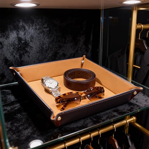 Valet Tray Desktop Storage Organizer, Vegan Leather Catchall Tray Bedside Vanity Tray Nightstand Caddy Holder for Remote Controller, Watch, Keys, Phone, Wallet, Sunglasses, Jewelry, Khaki - color: Khaki
