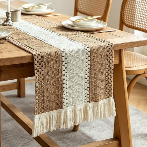 Textured Macramé Table Runner, Cotton and Jute Blend, 30 x 140 cm for Dining, Parties, and Everyday Home Décor (Textured Macramé Table Runner)