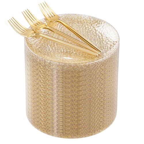 Rubtlamp 200pcs Gold Glitter Plastic Dessert Plates, Hammered 6 Inch Small Plates, Heavy Duty Appetizer Plate with 100 Gold Small Forks, Fancy Cake Snack Plate for Birthday Wedding Teatime - color: Gold glitter