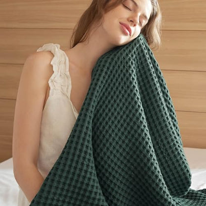 Bedsure Lightweight 100% Cotton Waffle Blanket, Throw XL, Dark Green | Summer, Breathable, Soft, Comfort, Light, Thin, Textured, Bed, Couch, Sofa, Chair, 50"x70", Sheet Blanket, Cozy Gifts - color: Dark Green, size: Throw Xl (50" X 70")