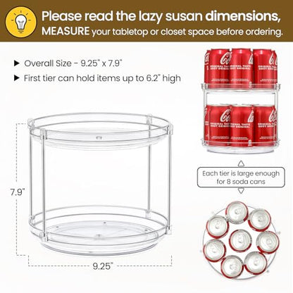 2 SET 2 Tier Non-Skid Acrylic Lazy Susan Organizer - Rotating Spice Rack - Turntable Spinning Organization for Kitchen, Pantry, Countertop, Closet, Bathroom, Vanity, Medicine Cabinet Organizing,9.25'' - size: 9.25in-2 Set