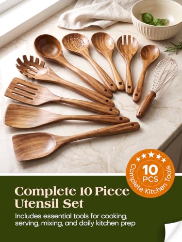 AIUHI 10 Pcs Wooden Spoons for Cooking, Teak Wooden Utensil Set for Nonstick Cookware, Wooden Kitchen Utensils Set with Whisk and Spaghetti Server