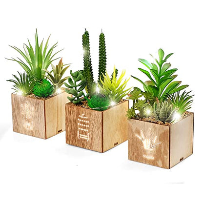 Artificial Succulents with LED Lights, Set of 3 Fake Plants in Wooden Boxes for Indoor Home Decor, Desk, Shelf, Bedroom and Office