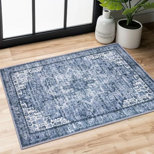 SIILOOM 2x3 Small Washable Area Rug Entryway Door Mat Indoor Kitchen Runner | Soft Boho Vintage Non Slip Entry Carpet for Entryway Kictchen Front Backdoor Hallway Bedside Bedroom, Easy Clean - color: Blue White, size: 2' x 3' (Rectangular)